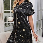 Sky Black Cardigan Lapel Short Sleeve Sleepwear