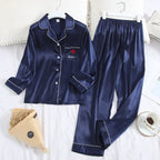 Navy Pocket Rose Silk Pajamas Set