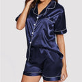 Navy Blue Silk Shorts Sleepwear Set Women