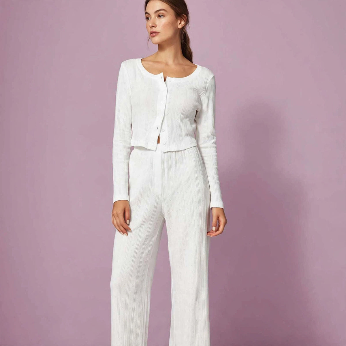 Casual Long Sleeve Cardigan and Hollow Knitted Pajamas Set