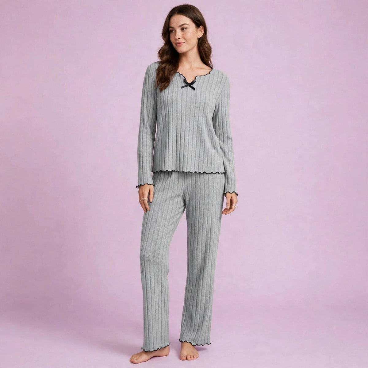 V Neck Striped Winter Pajamas Set for Women