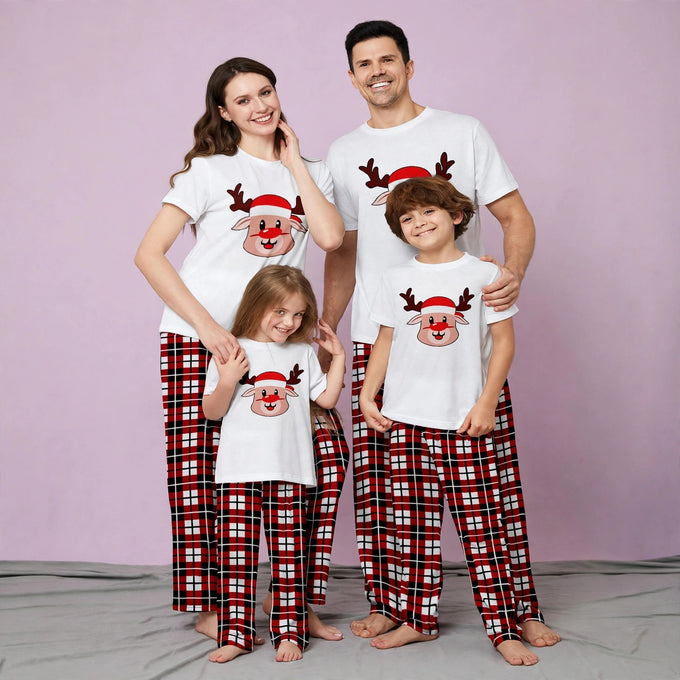 Short Sleeve Deer Head Plaid Print Matching Family Pajamas