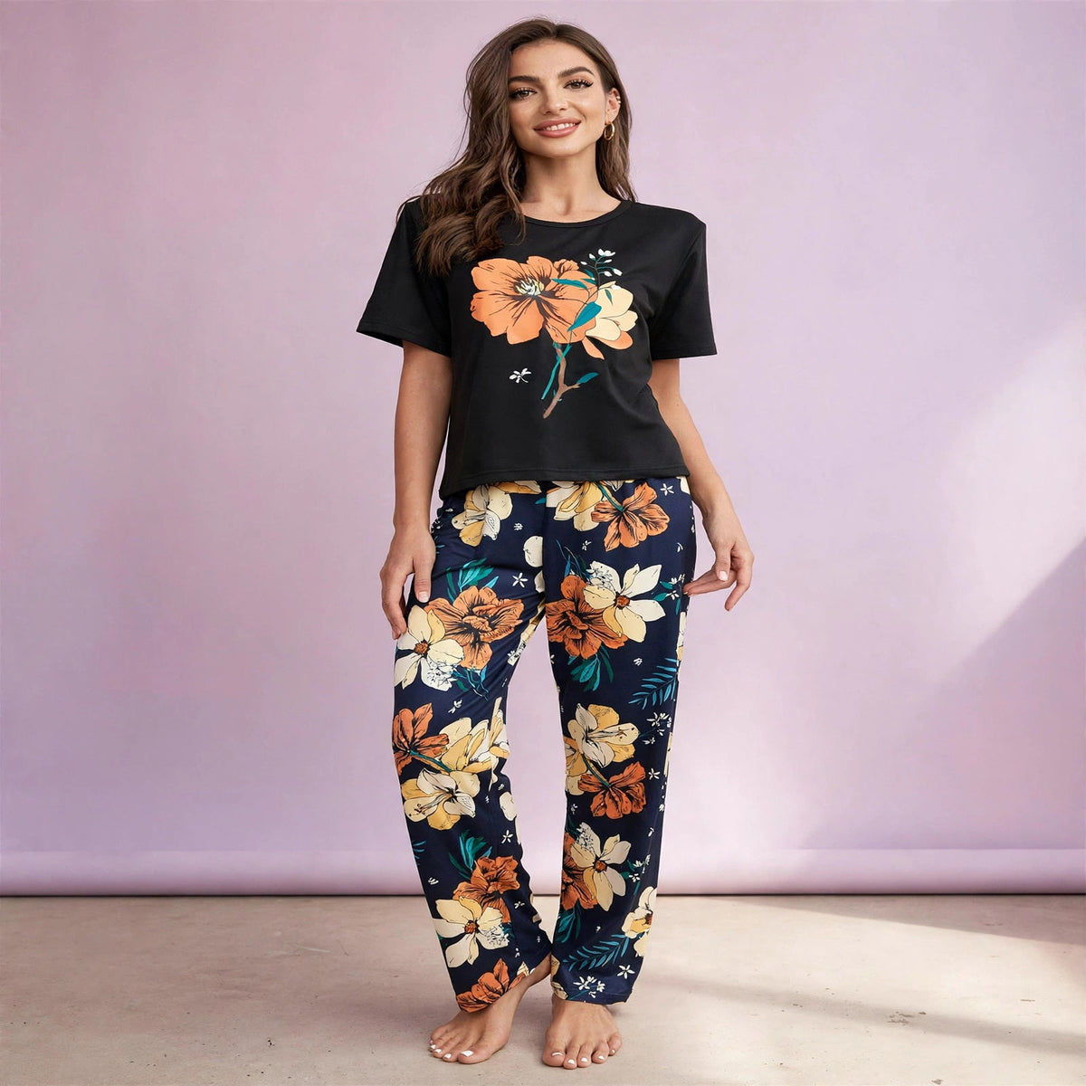 Flower Print Short-Sleeved Pajamas Set