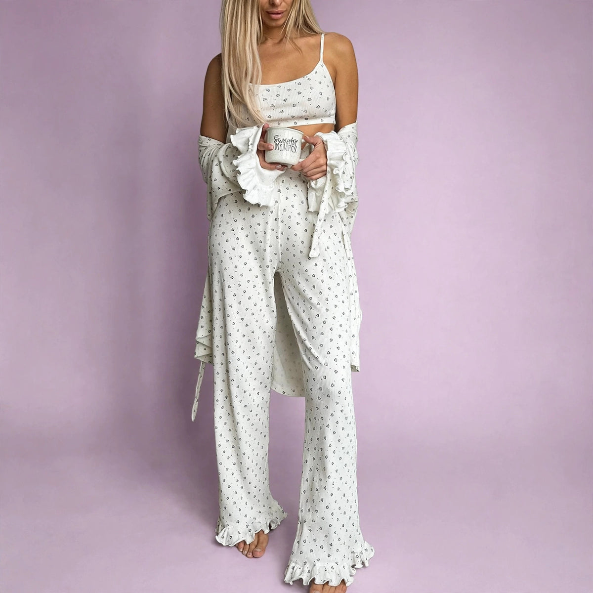 Three Piece Heart Print Wide Leg Pajamas Set