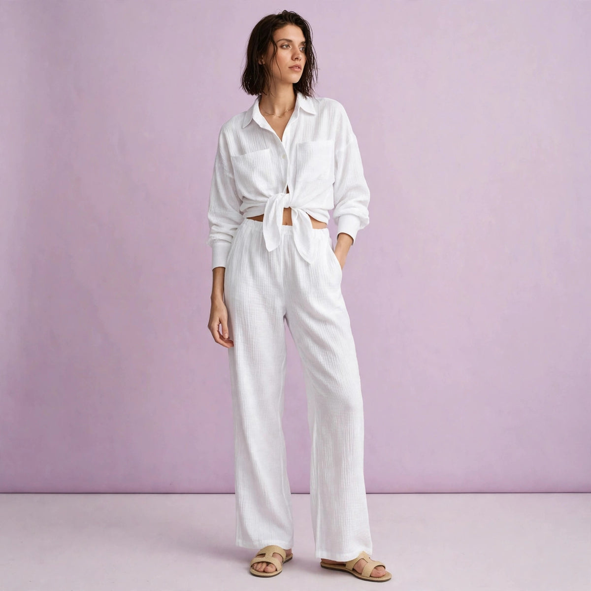 Double Layered Cotton Shirt Pajamas Set