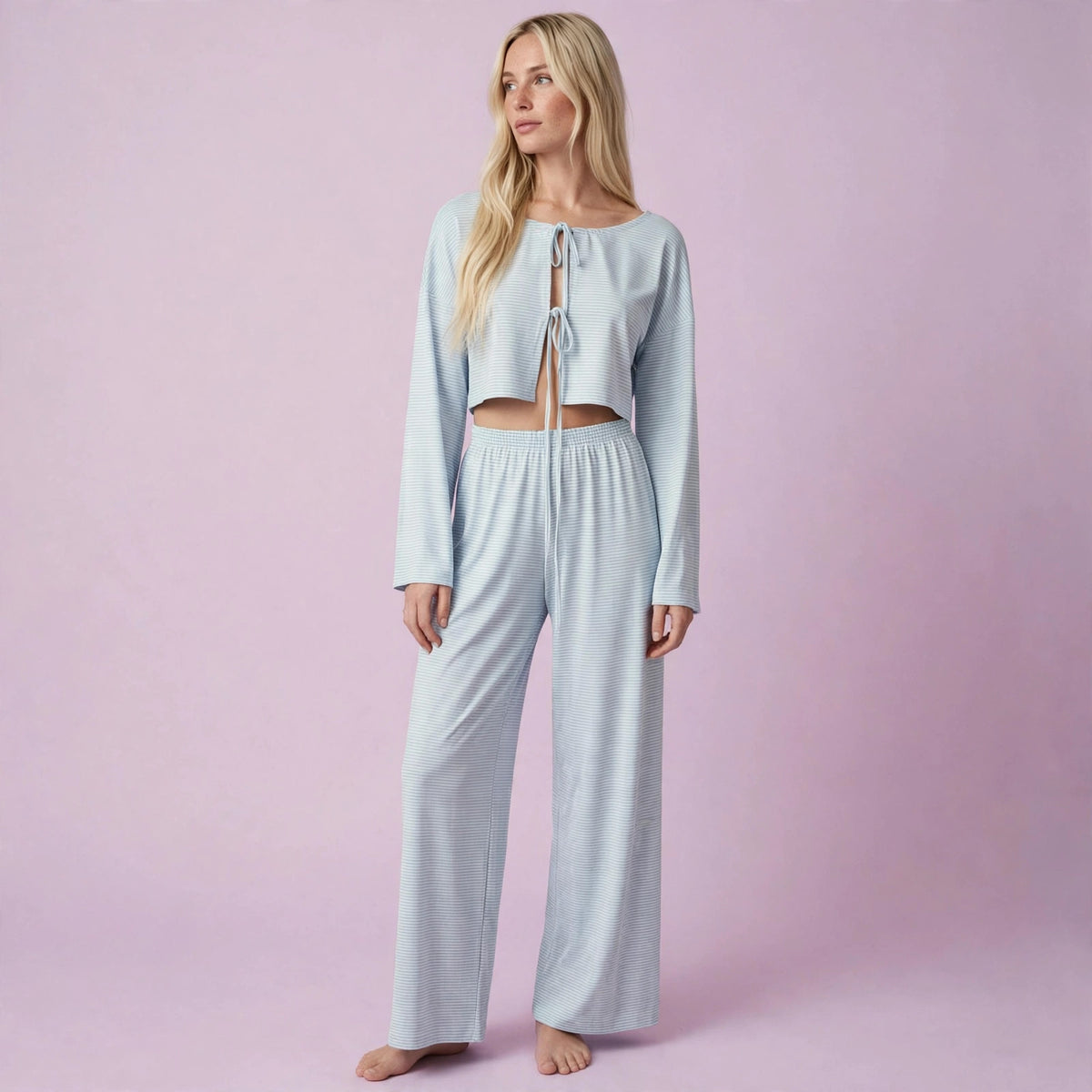 Striped Wide Leg Lace Up Pajama Set