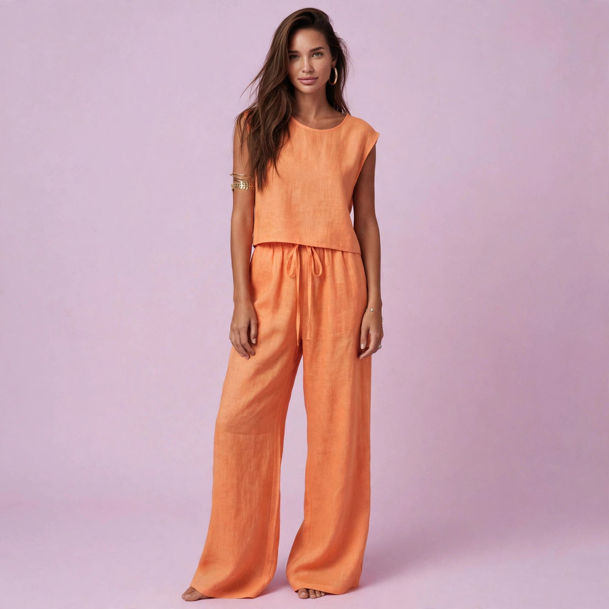 Orange Color Pure Cotton Wide Leg Sleeveless Pajamas Set