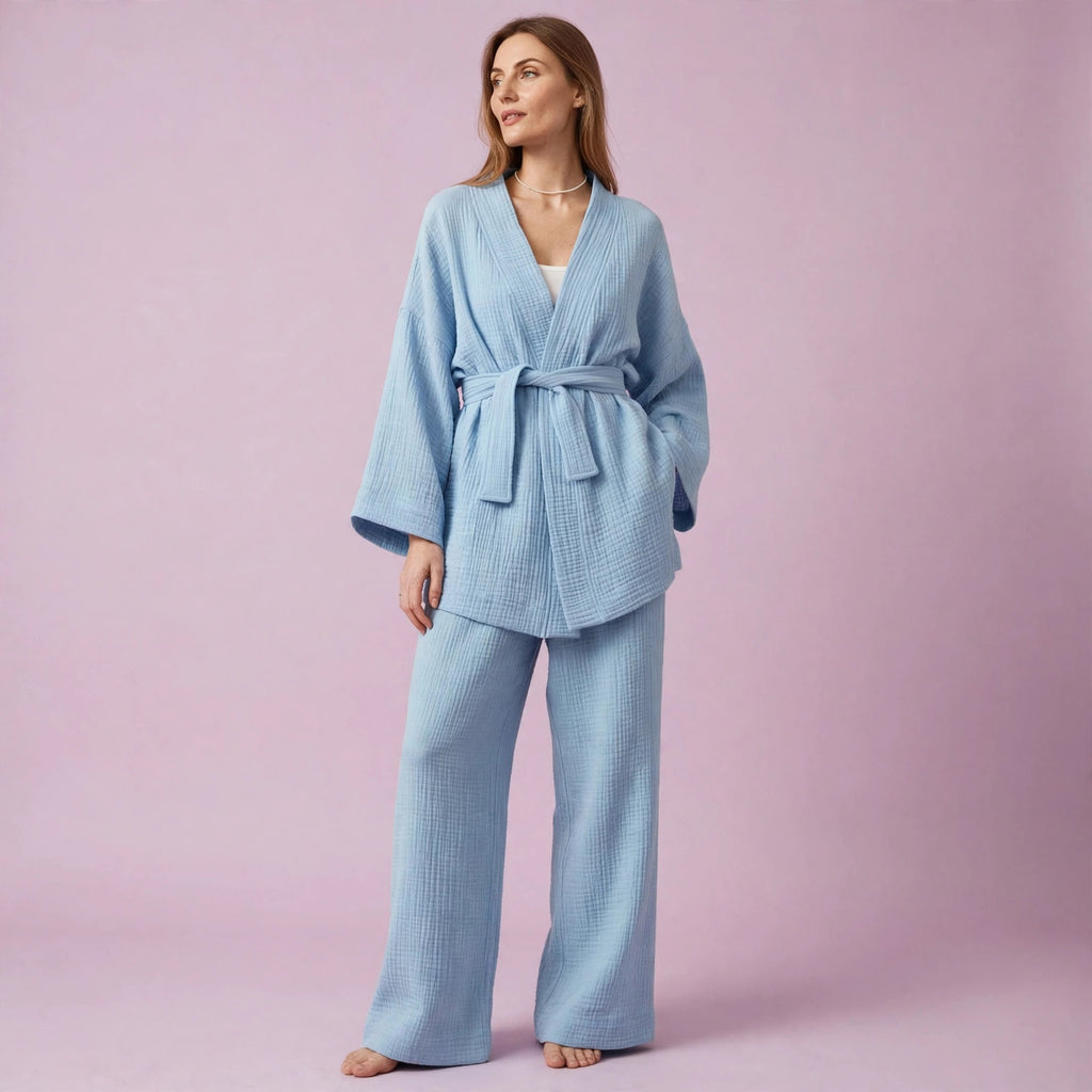 Pure Cotton Wide Leg Solid Color Pajamas and Kimono Set