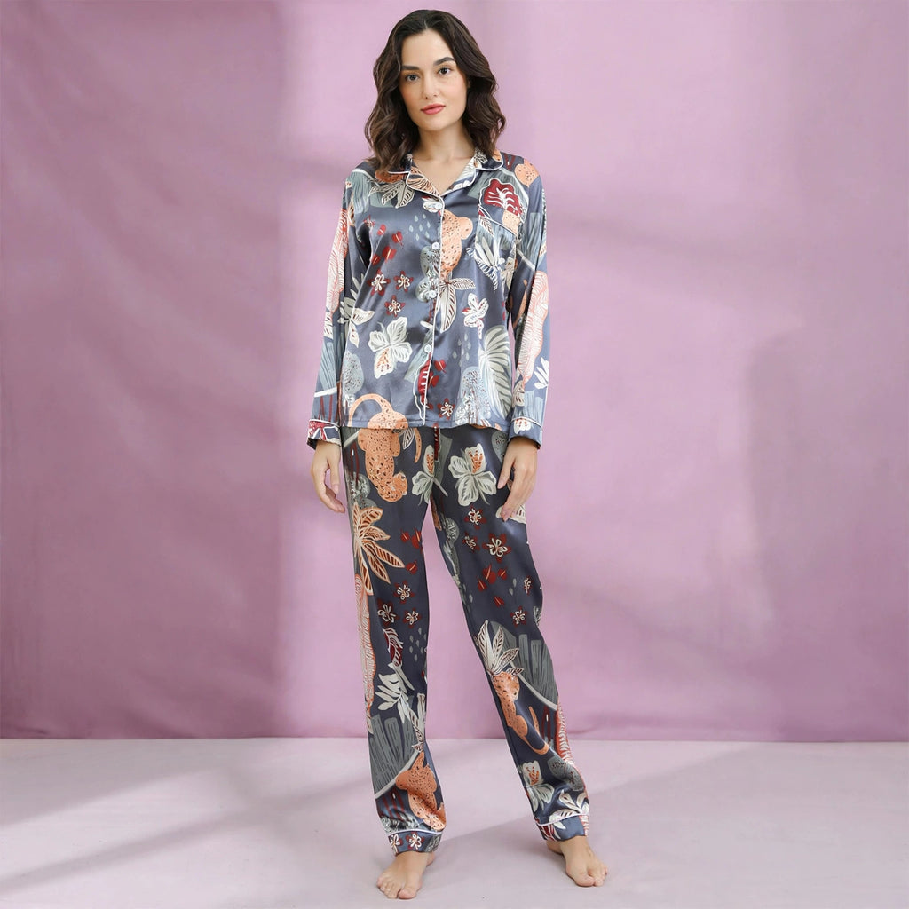Leafe Print Silk Full Sleeve Pajamas Set