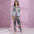 Leafe Print Silk Full Sleeve Pajamas Set