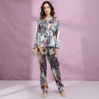 Leafe Print Silk Full Sleeve Pajamas Set