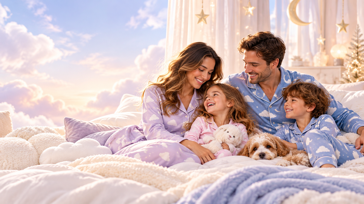 Cloud Seven PJs family in soft pastel cloud pajamas enjoying cozy time together