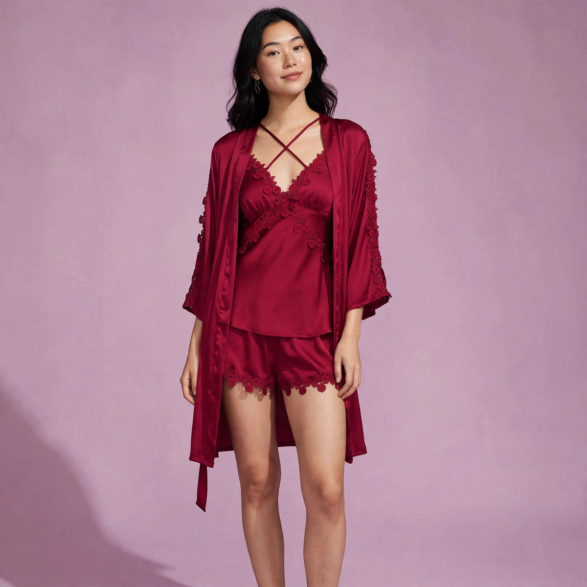 4 Piece Burgundy Silk Nightgown With Cover Up & Short Set
