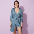 4 Piece Grey Silk Nightgown With Cover Up & Short Set