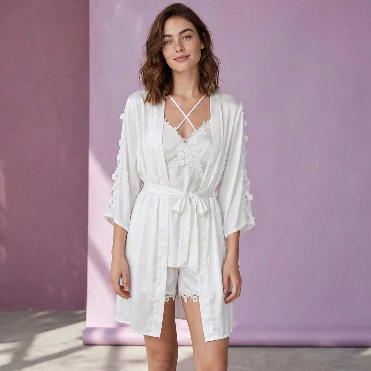 4 Piece White Silk Nightgown With Cover Up & Short Set