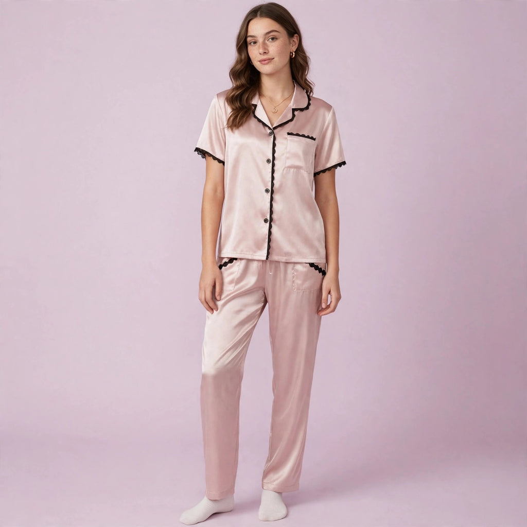 Champagne Lace Border Short Sleeve Pajamas Set