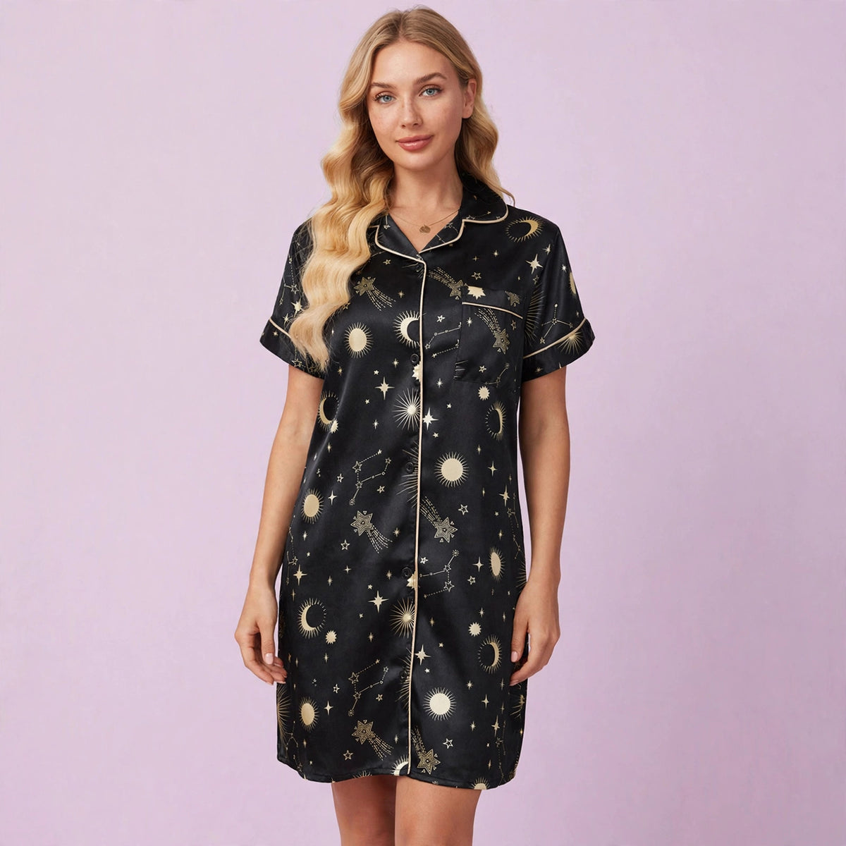 Sky Black Cardigan Lapel Short Sleeve Sleepwear