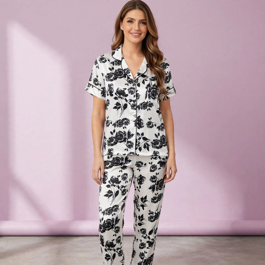 Black Rose Printed Short Sleeve Pajamas Set