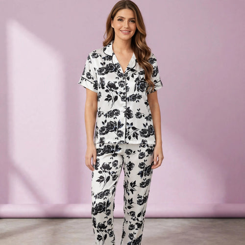 Black Rose Printed Short Sleeve Pajamas Set