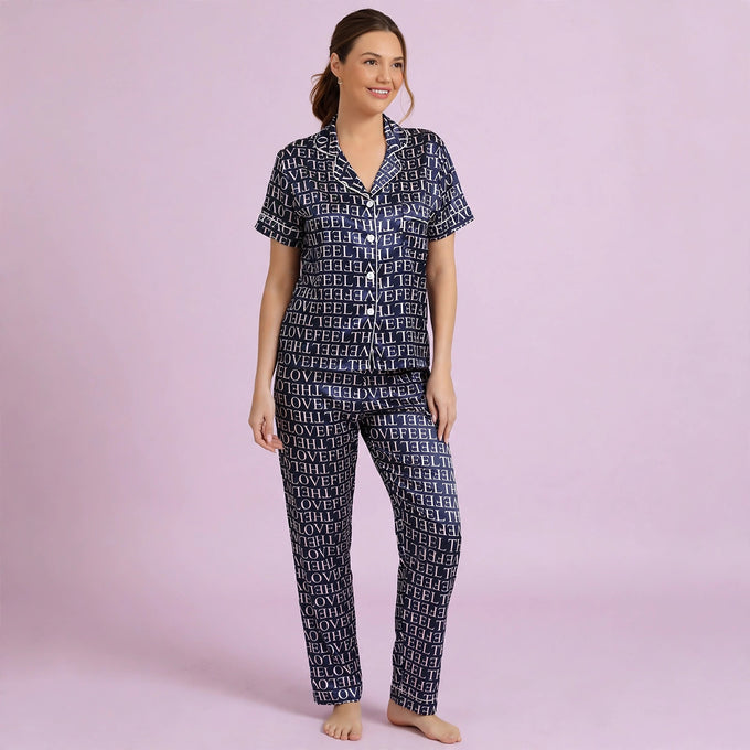 Letter Printed Satin Imitation Silk Pajamas Set