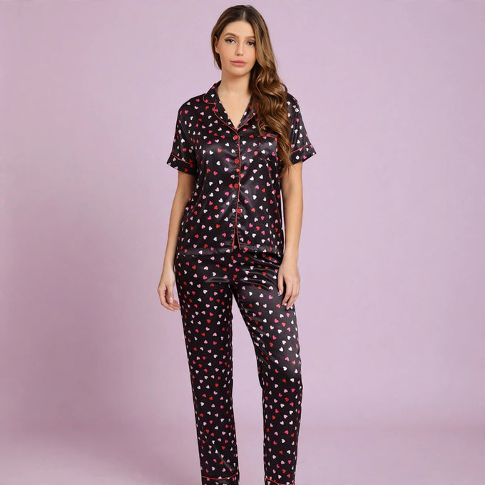 Heart Print Lapel Silk Pajamas Set