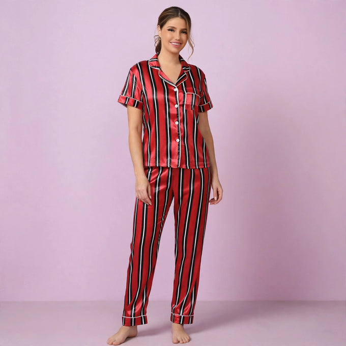 Red Stripe Ice Silk Pajamas Set