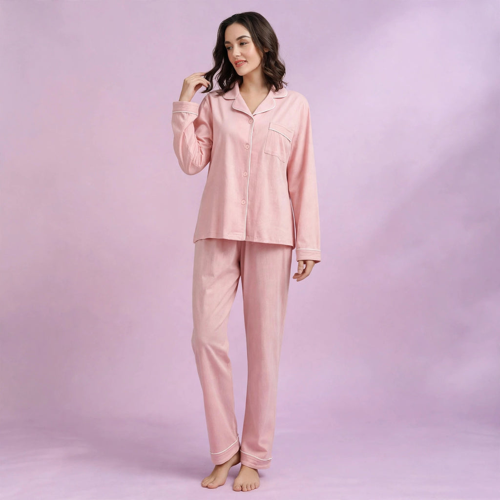 Pure Cotton Solid Color Cardigan Pajamas Set For Women