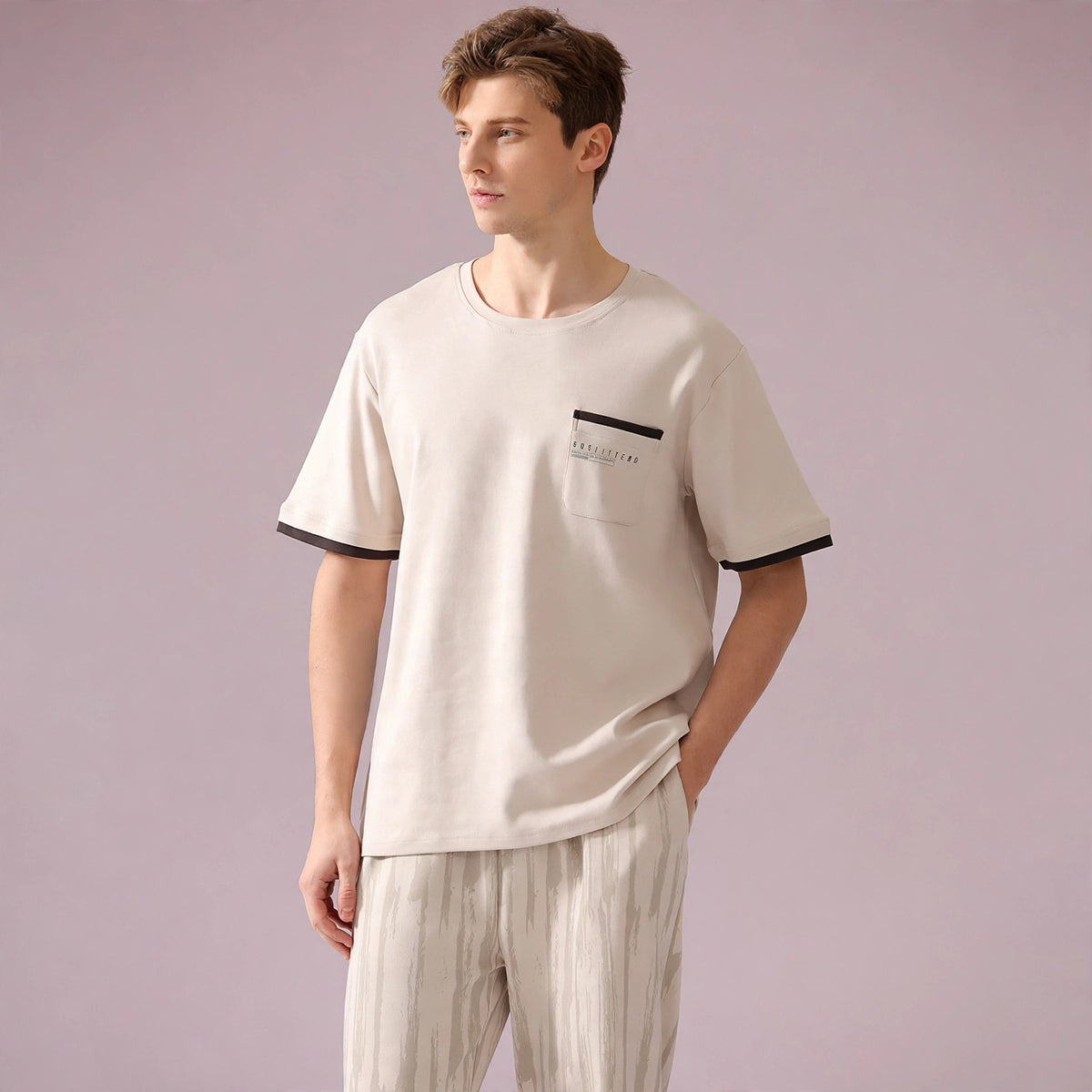 Pure Cotton Apricot Short Sleeved Men's Pajamas Set