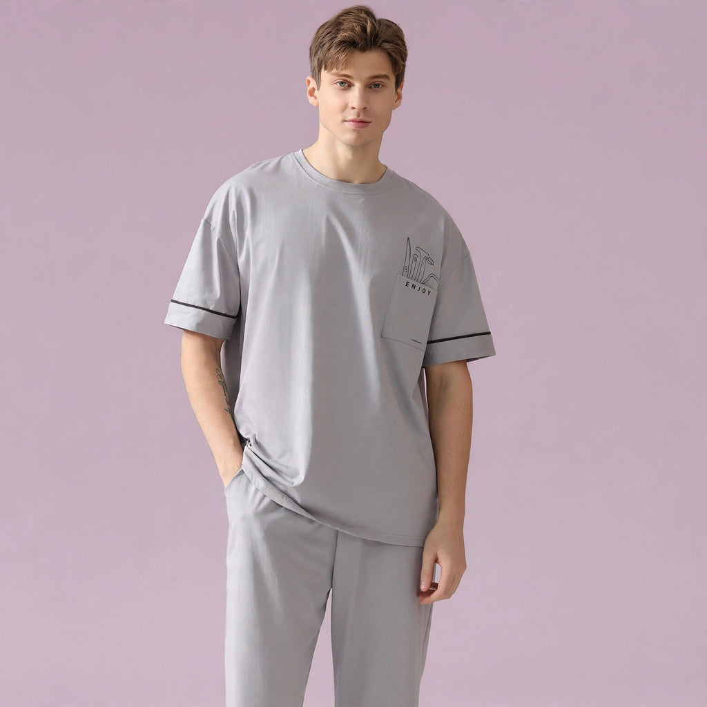Round Neck Short Sleeved Light Gray Men's Pajamas Set