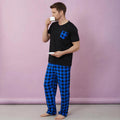 Blue Check Men's Pajamas Short Sleeve Loungewear Set