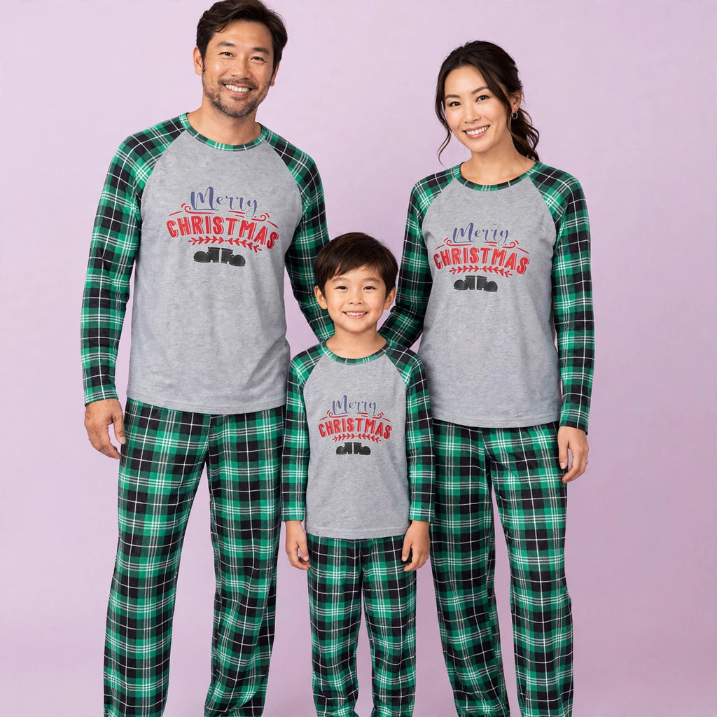 Merry Christmas Black and Green O Neck Matching Family Pajama Set
