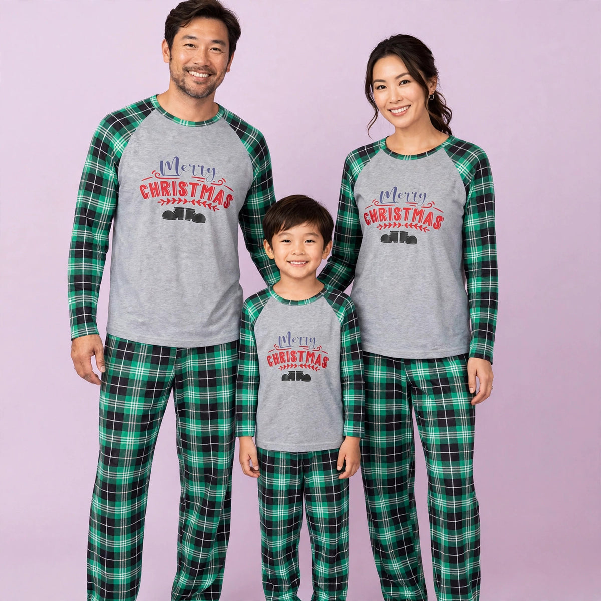 Merry Christmas Black and Green O Neck Matching Family Pajama Set
