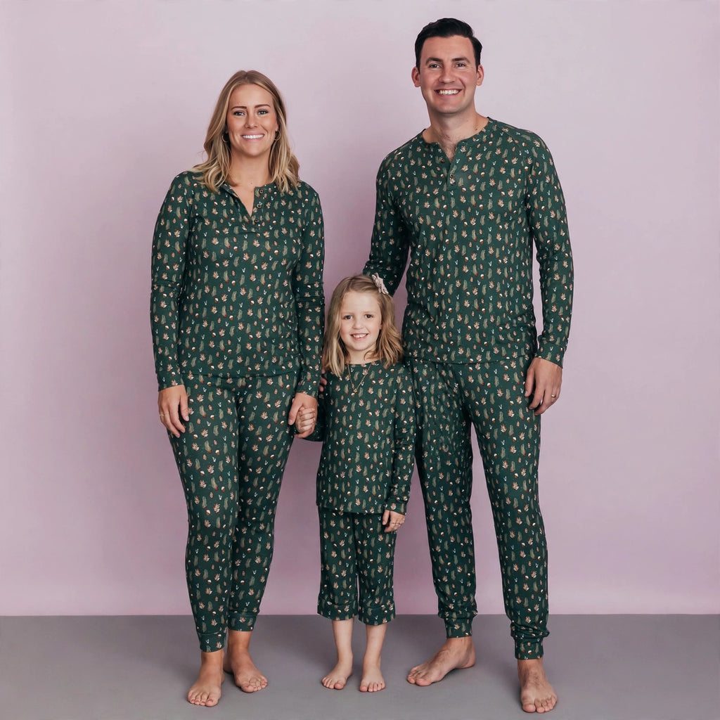 Green Printed V Neck Button Matching Family Pajamas Set