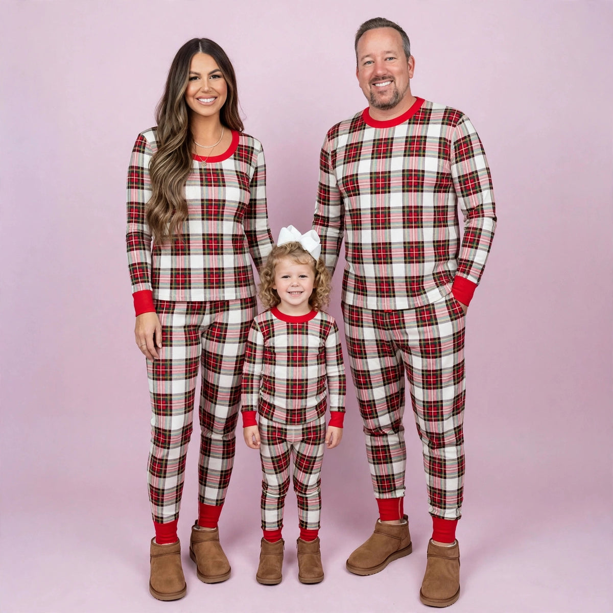 Check Print Round Neck Matching Family Christmas Pajamas Set