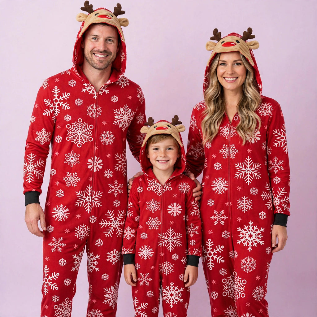 Snowflake in Red Jumpsuit with hoodie Matching family Christmas Pajama Set