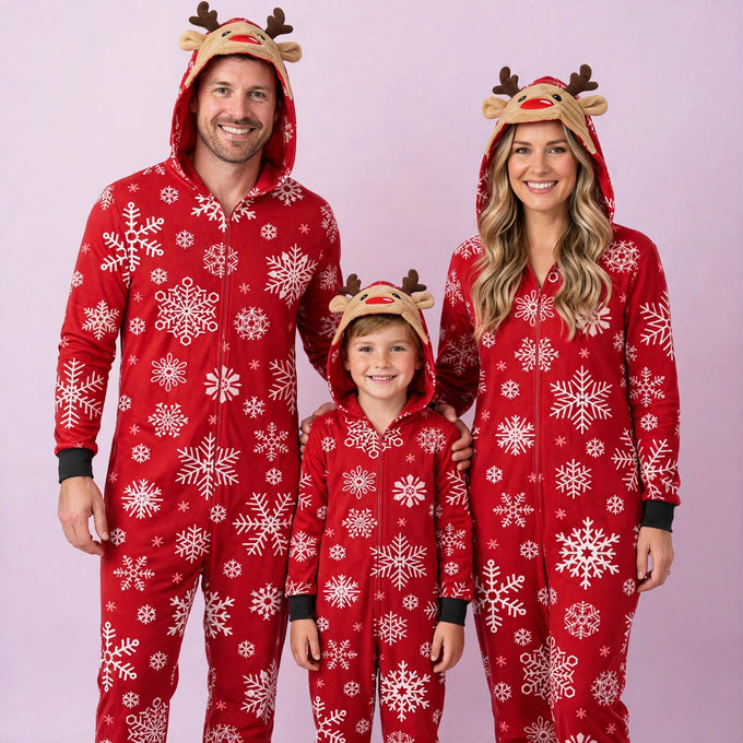 Snowflake in Red Jumpsuit with hoodie Matching family Christmas Pajama Set