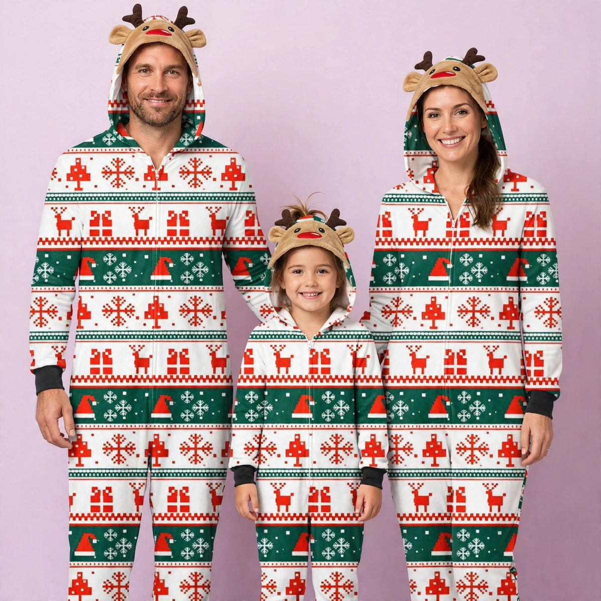 White and Green Jumpsuit with hoodie Matching family Christmas Pajama Set