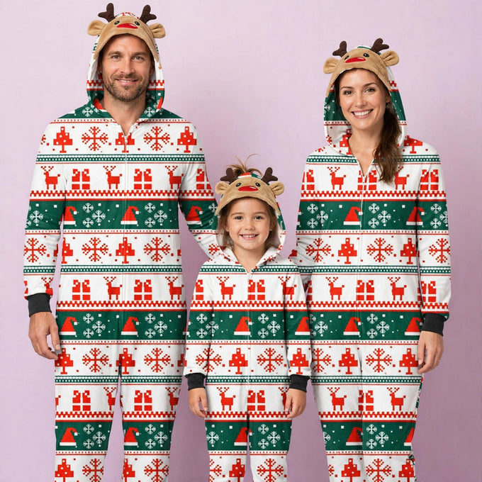 White and Green Jumpsuit with hoodie Matching family Christmas Pajama Set