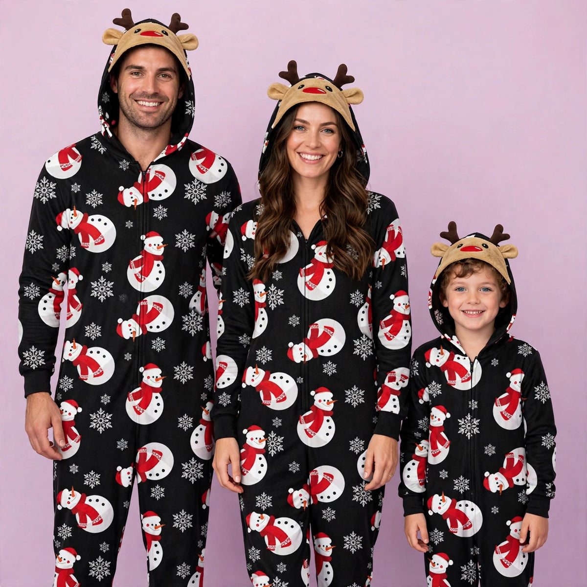 Snowman in Black Jumpsuit with hoodie Matching family Christmas Pajama Set