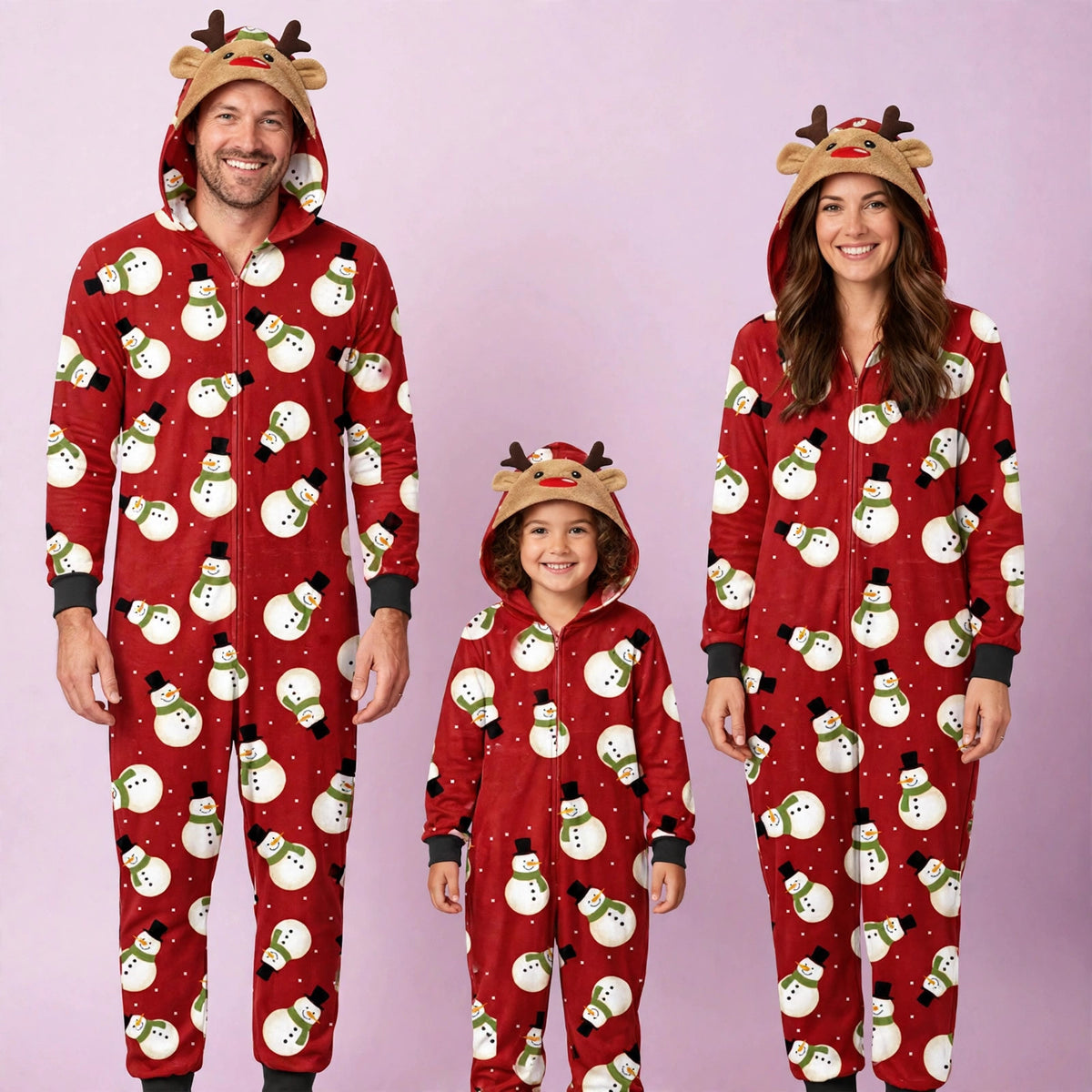 Snowman in Red Jumpsuit with hoodie Matching family Christmas Pajama Set
