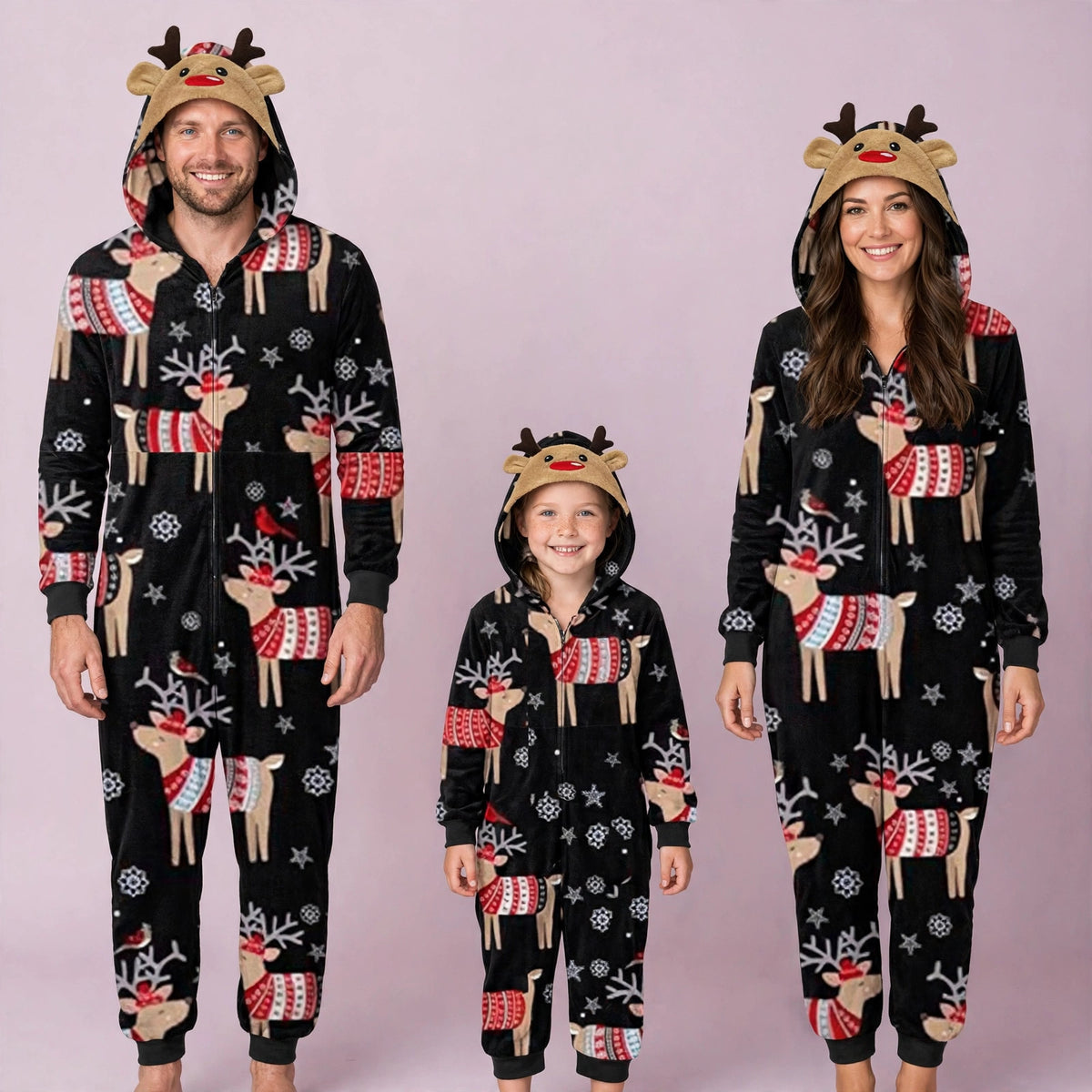 Reindeer Print Jumpsuit with hoodie Matching family Christmas Pajama Set