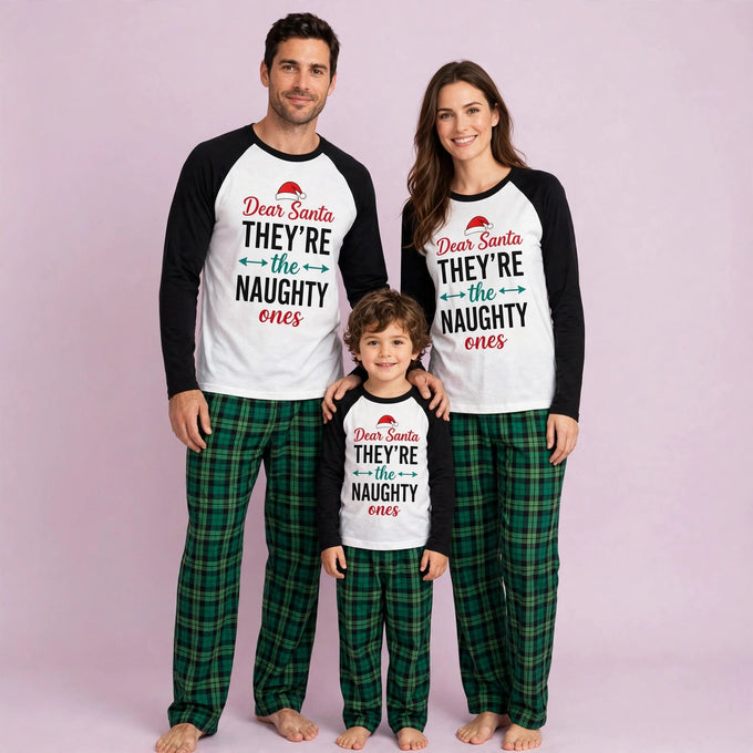 Naughty Santa Blue Plaid Family Pajamas