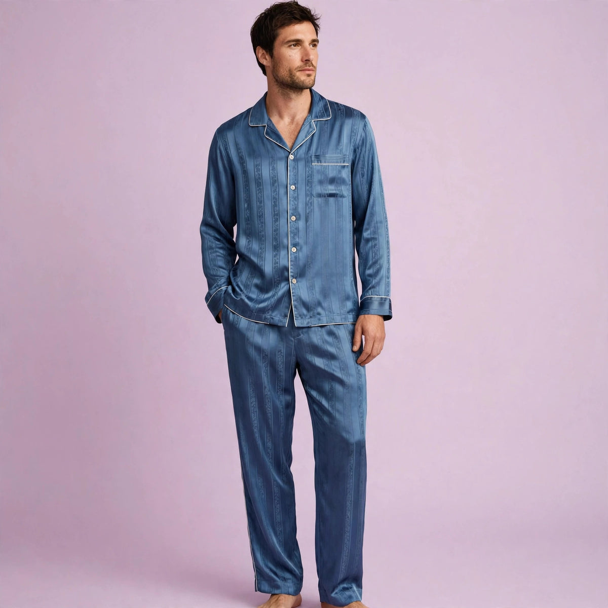 Men Silk Lake Blue Pajamas Set