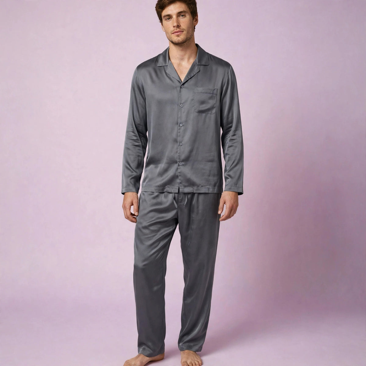 Men Silk Grey Pajamas Set