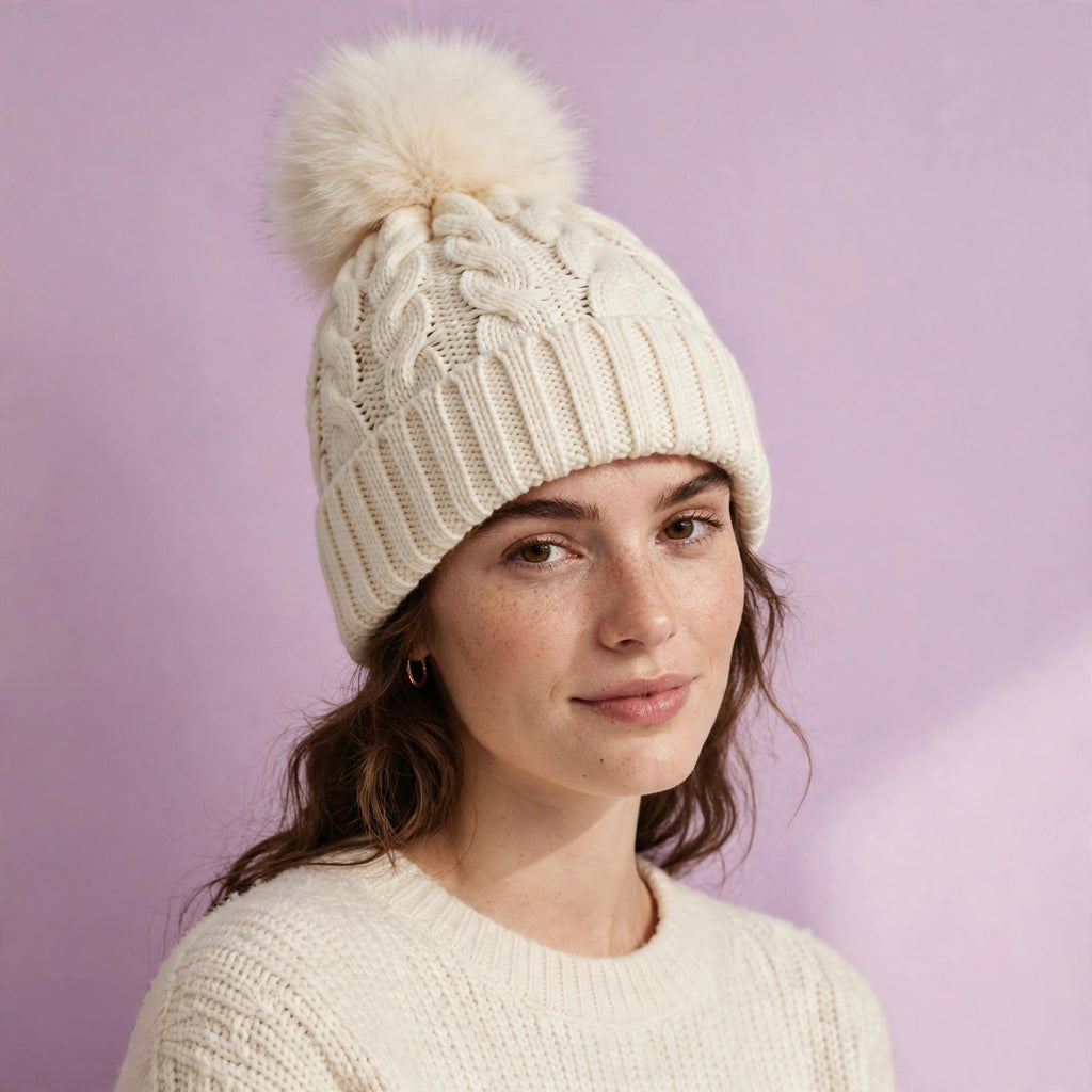 Women Braided Beanie for Holidays With Removable Pom-pom