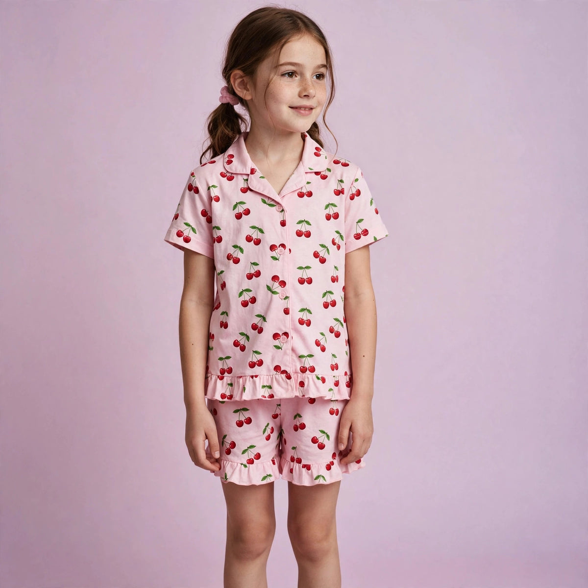 Cherry Printed Short Sleeve Pajamas Set
