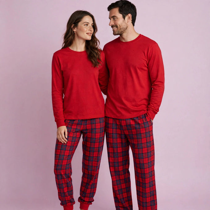 Couples Red and Navy Plaid Matching Pajamas