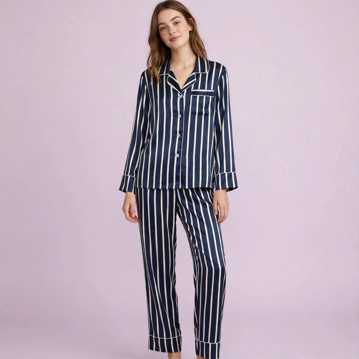 Blue And White Vertical Strips Silk Pajamas Set