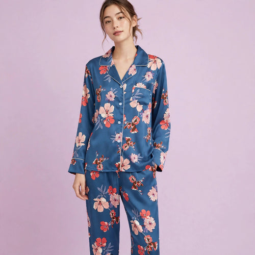 Blue pink Flowers Silk Pajamas Set
