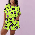 Leopard Print Round Neck Short Sleeved Top And Shorts Set